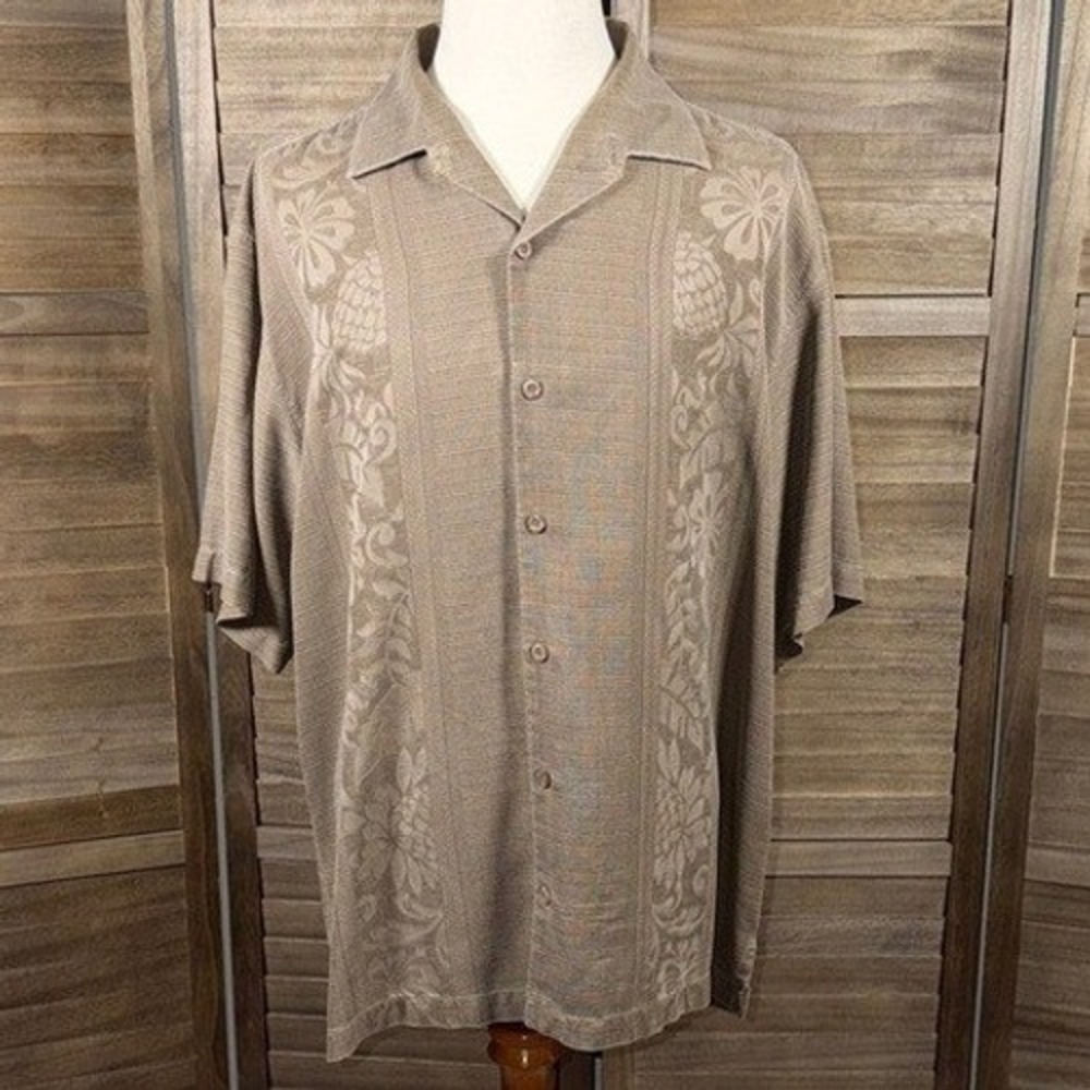 Tommy Bahama Mens XL Brown 100% Silk Tropical Jacquard Short Sleeve Camp Shirt - Picture 3 of 9
